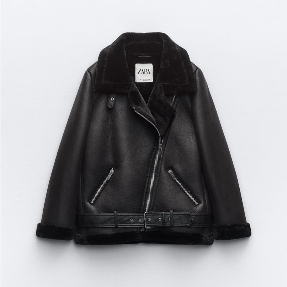 Zara Women’s Faux Fur Black Double-Faced Biker Winter Jacket Size Small